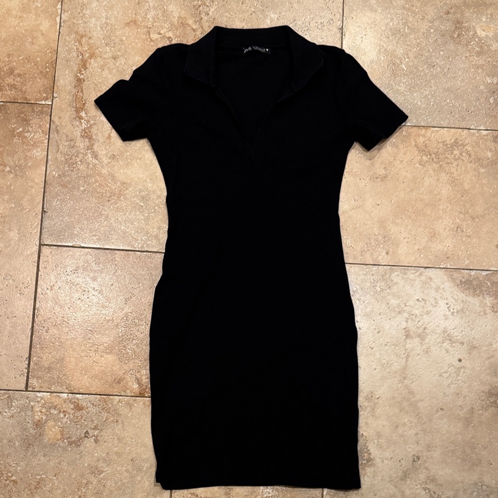Zara Black Mini Ribbed Collared Elegant Black Dress - Size 28